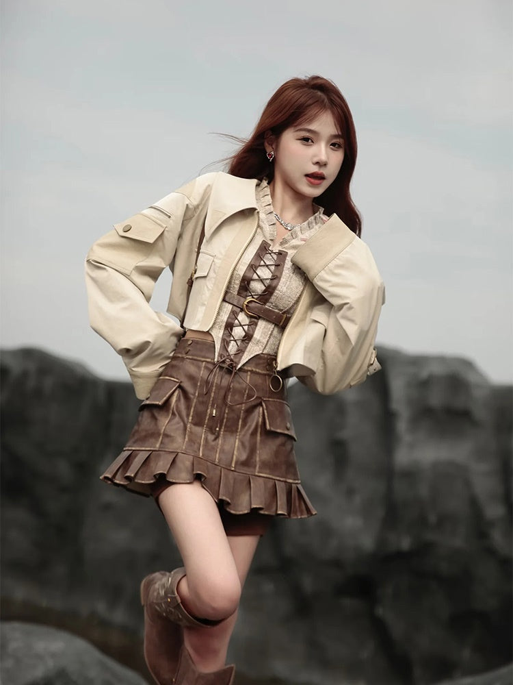 Retro Lace-Up Leather Pleats Blouse&Culottes