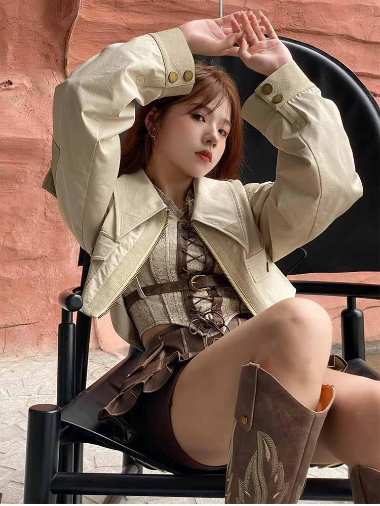 Retro Lace-Up Leather Pleats Blouse&Culottes