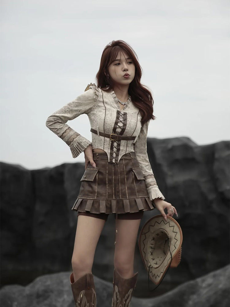 Retro Lace-Up Leather Pleats Blouse&Culottes