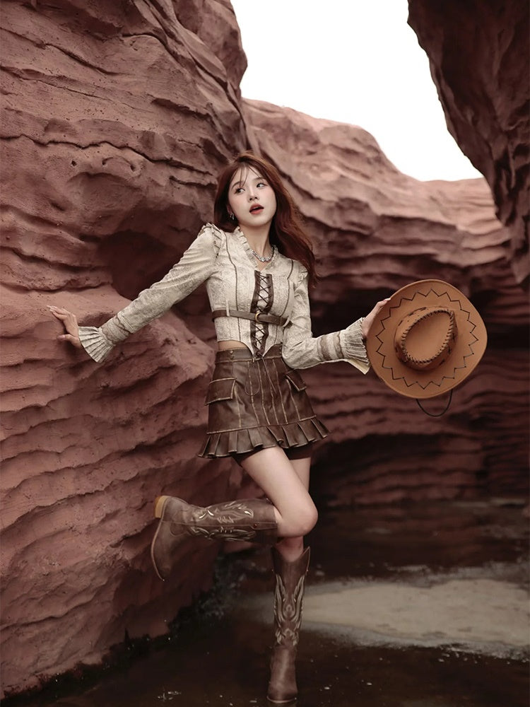 Retro Lace-Up Leather Pleats Blouse&Culottes