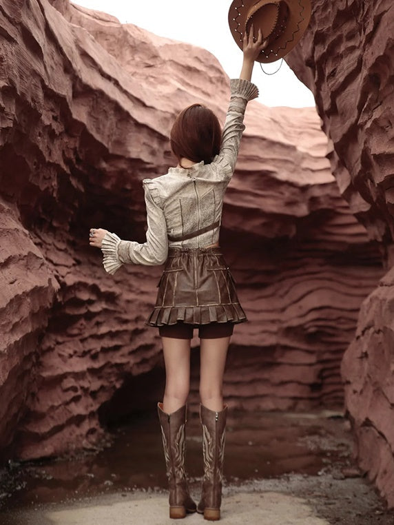 Retro Lace-Up Leather Pleats Blouse&Culottes