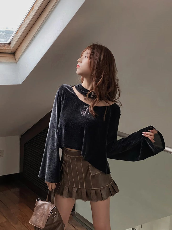 Retro Lace-Up Leather Pleats Blouse&Culottes