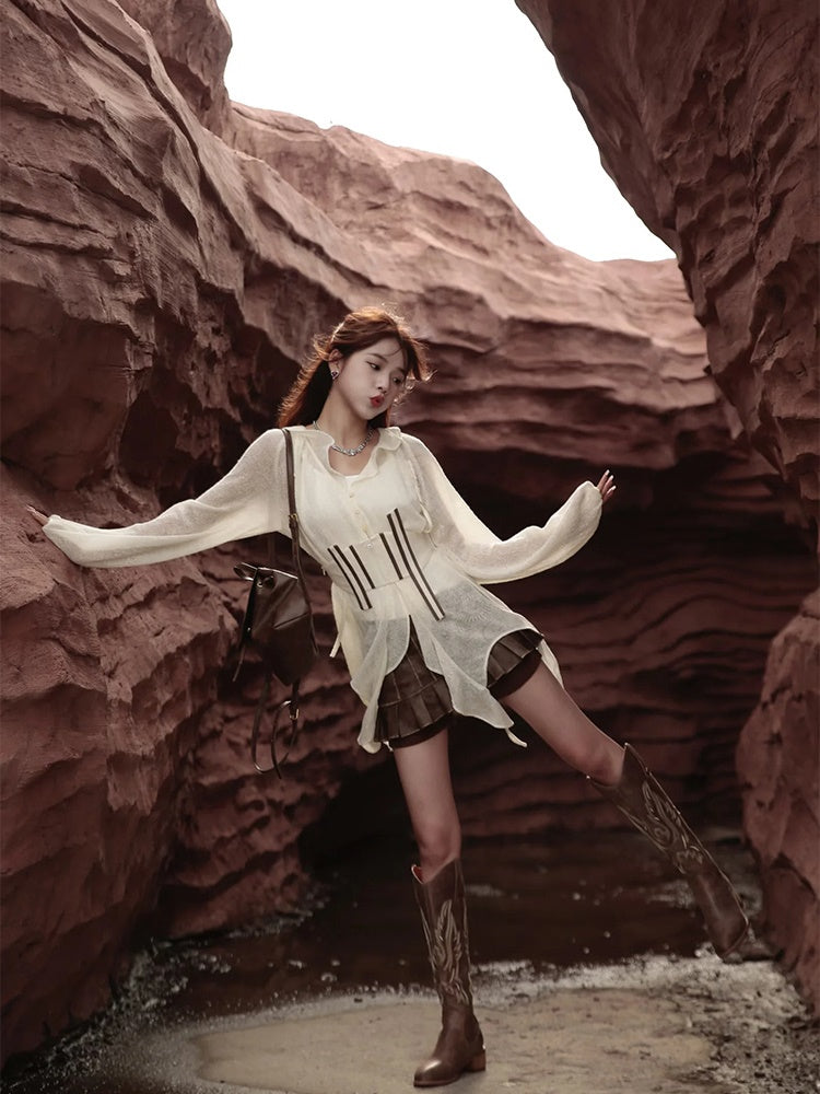 Retro Lace-Up Leather Pleats Blouse&Culottes