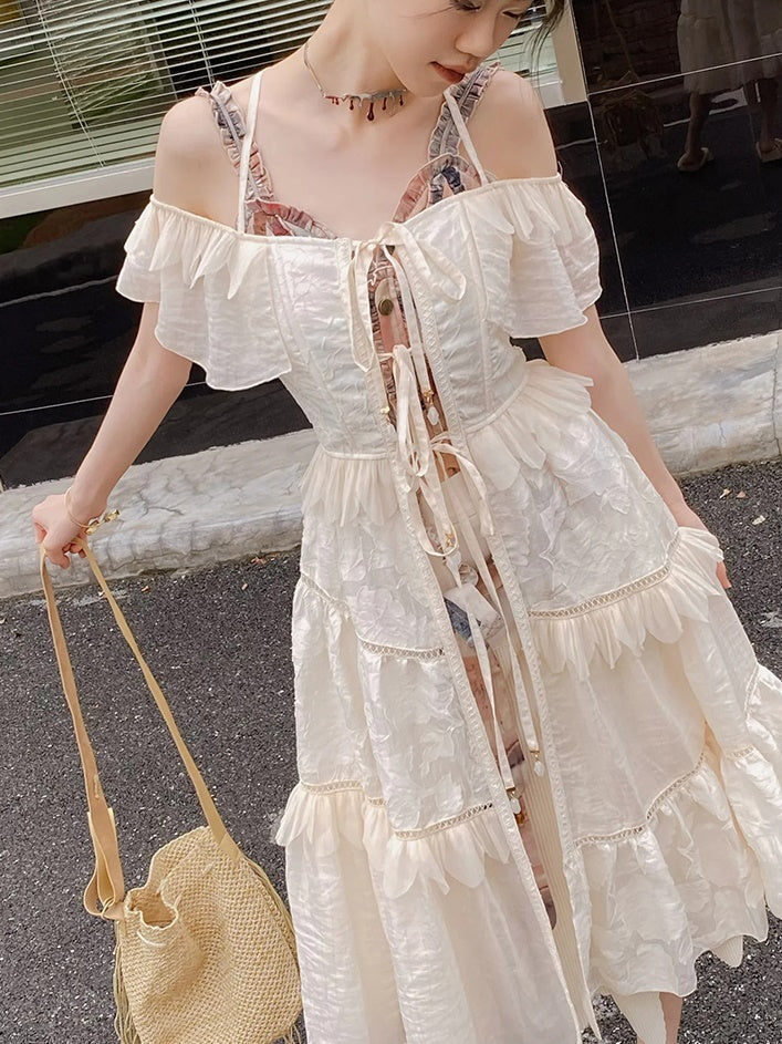 Sheer Tiered Layered Off-shoulder Long One-piece