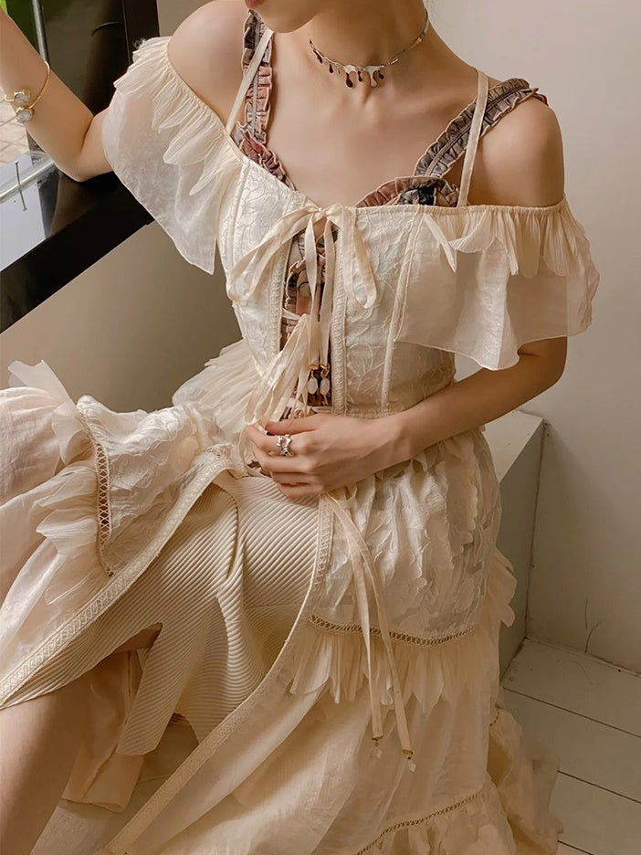 Sheer Tiered Layered Off-shoulder Long One-piece
