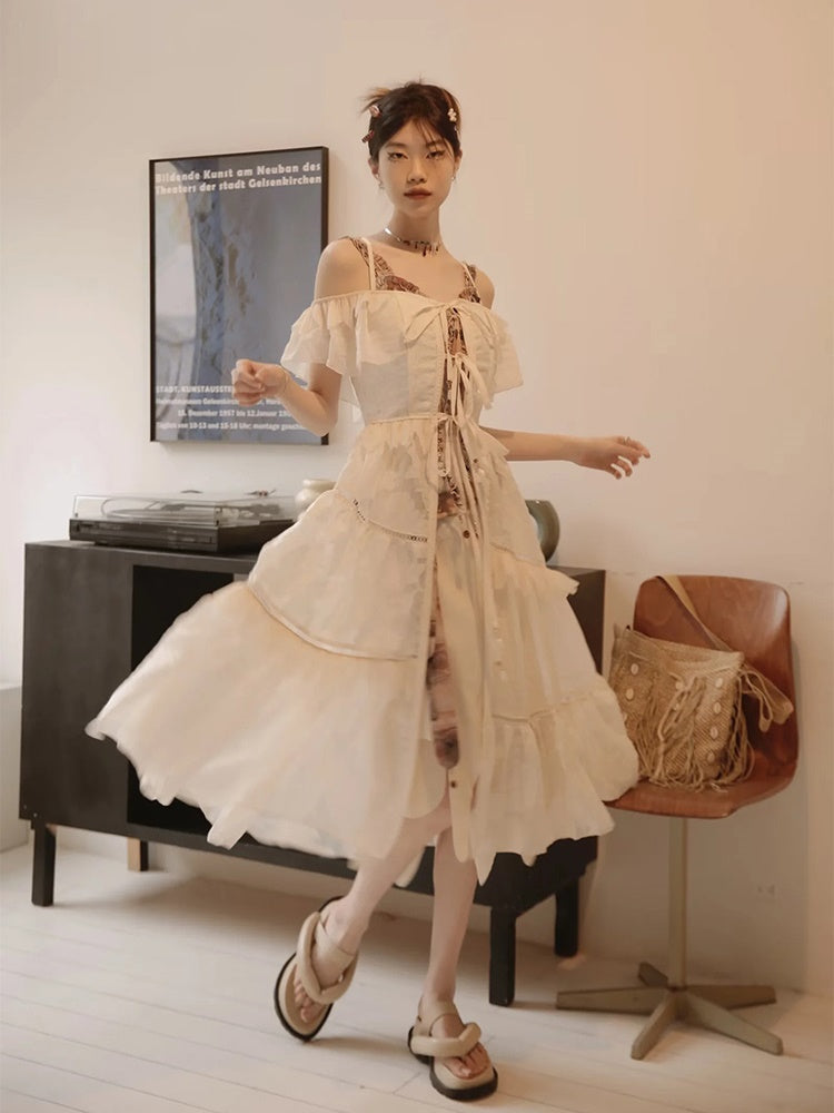 Sheer Tiered Layered Off-shoulder Long One-piece