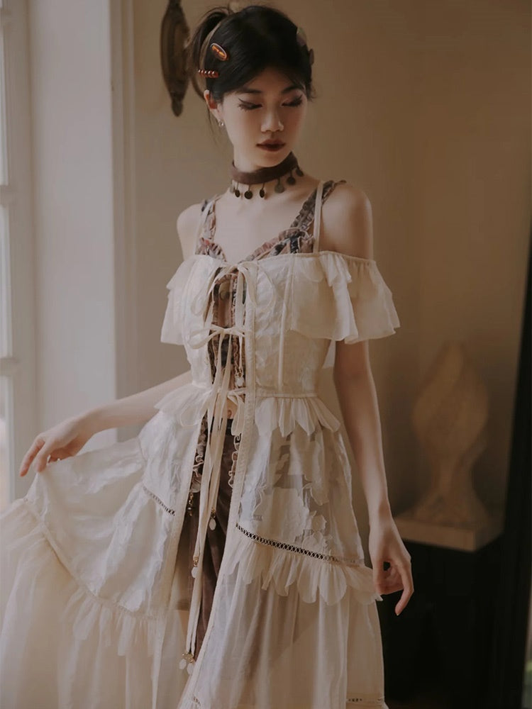 Sheer Tiered Layered Off-shoulder Long One-piece