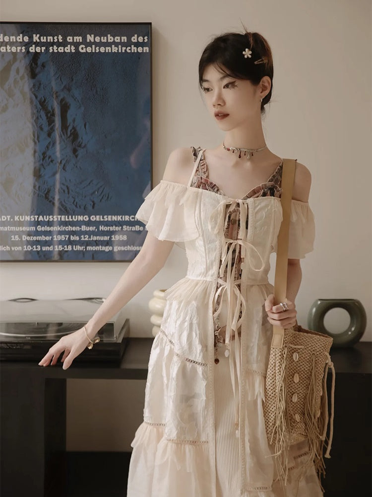 Sheer Tiered Layered Off-shoulder Long One-piece