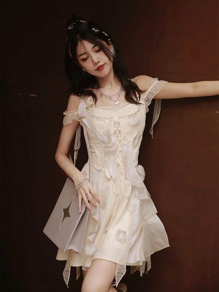 Fairy Fluffily Lace Lace-up One-piece&Cardigan