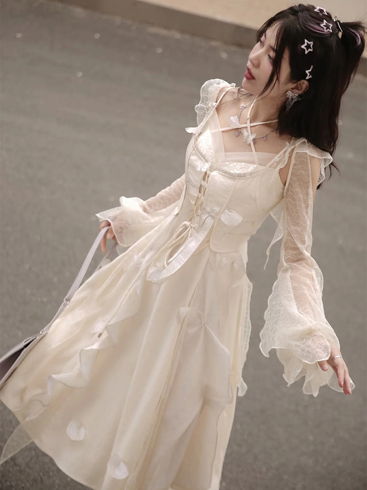 Fairy Fluffily Lace Lace-up One-piece&Cardigan