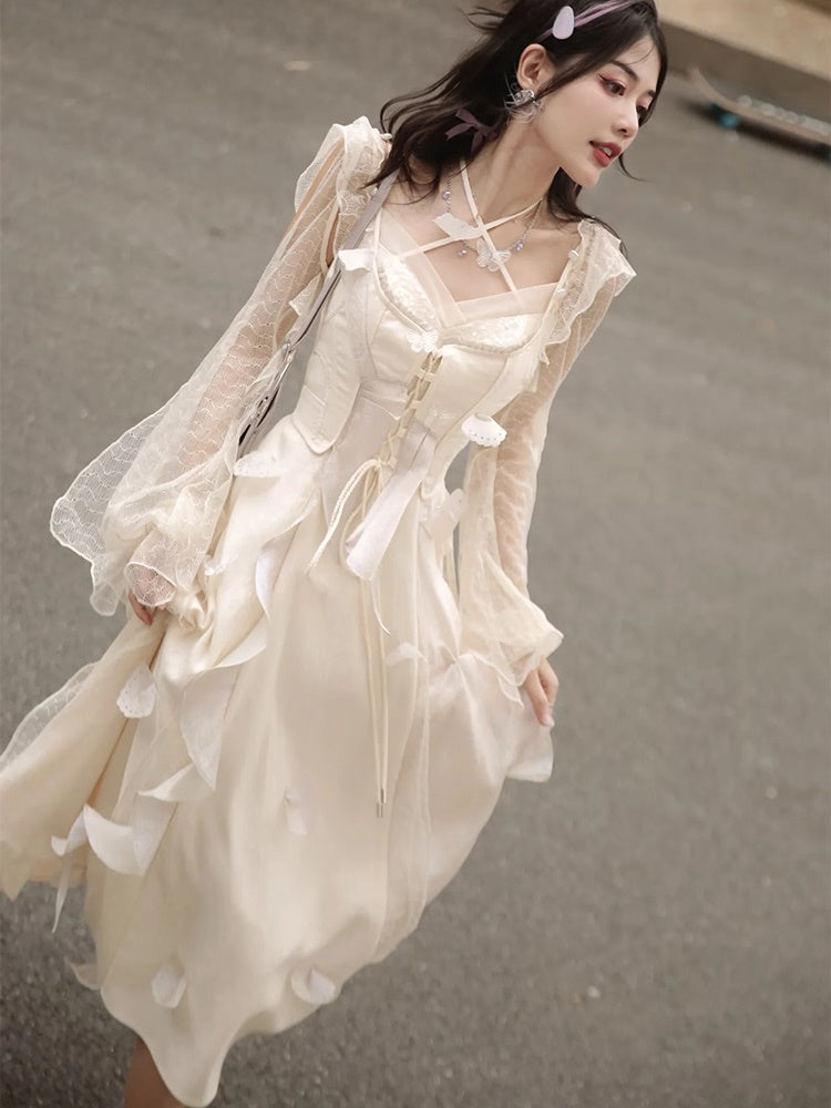 Fairy Fluffily Lace Lace-up One-piece&Cardigan