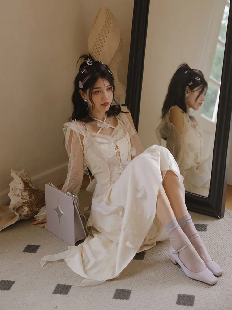 Fairy Fluffily Lace Lace-up One-piece&Cardigan
