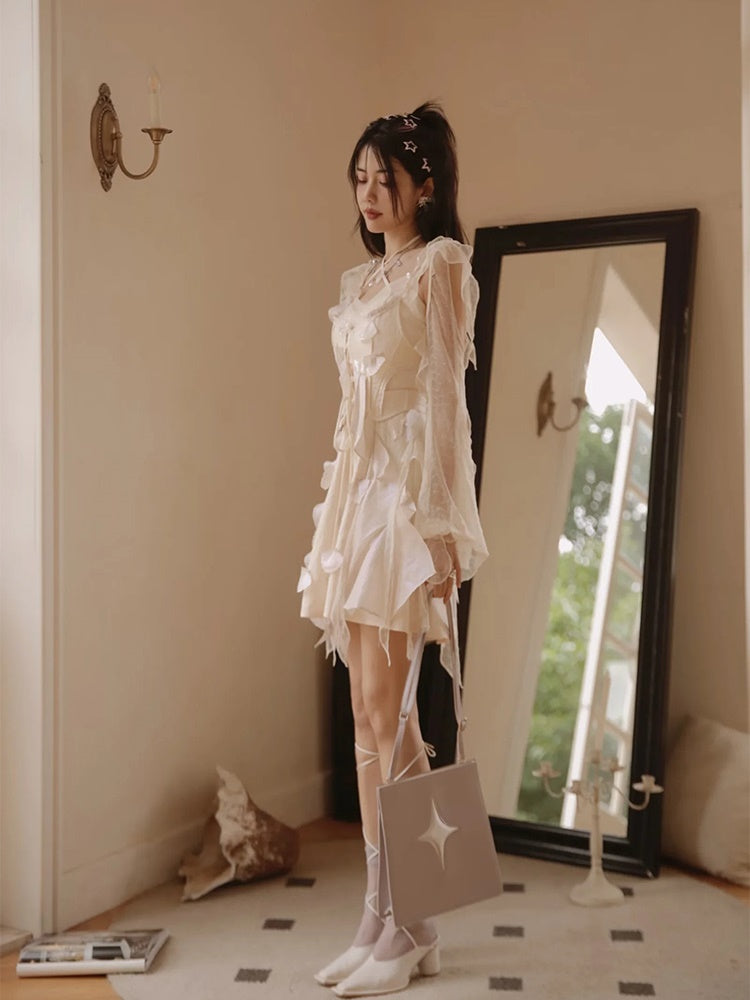 Fairy Fluffily Lace Lace-up One-piece&Cardigan