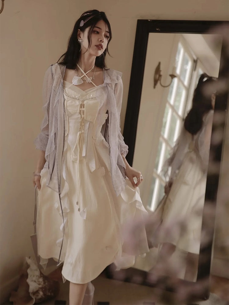 Fairy Fluffily Lace Lace-up One-piece&Cardigan