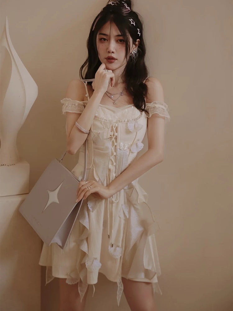 Fairy Fluffily Lace Lace-up One-piece&Cardigan
