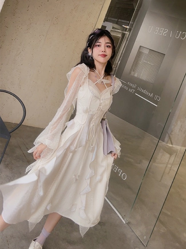 Fairy Fluffily Lace Lace-up One-piece&Cardigan