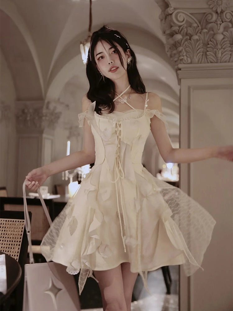 Fairy Fluffily Lace Lace-up One-piece&Cardigan