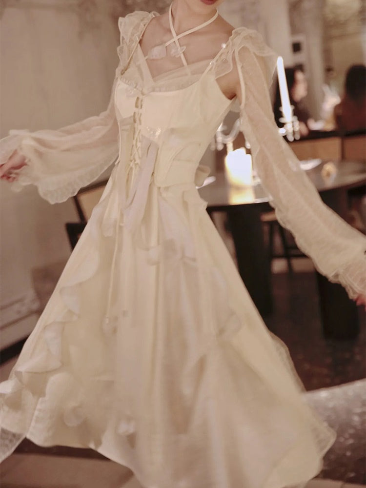Fairy Fluffily Lace Lace-up One-piece&Cardigan