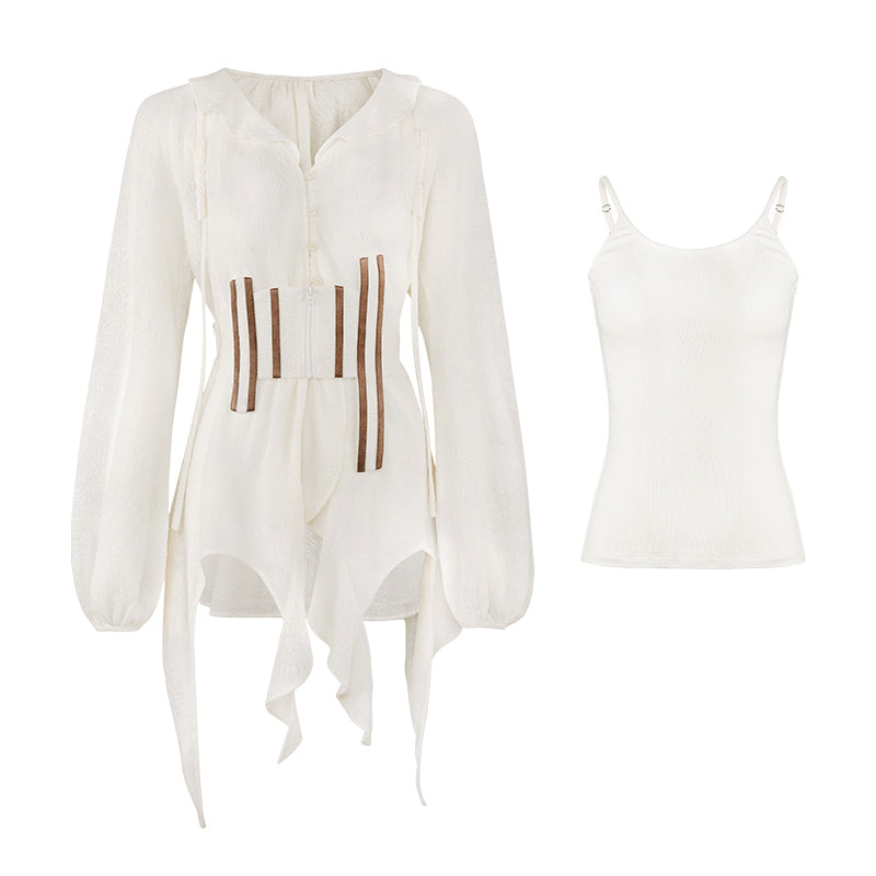 Sheer Asymmetry Back-Ribbon Natural Tops&Camisole