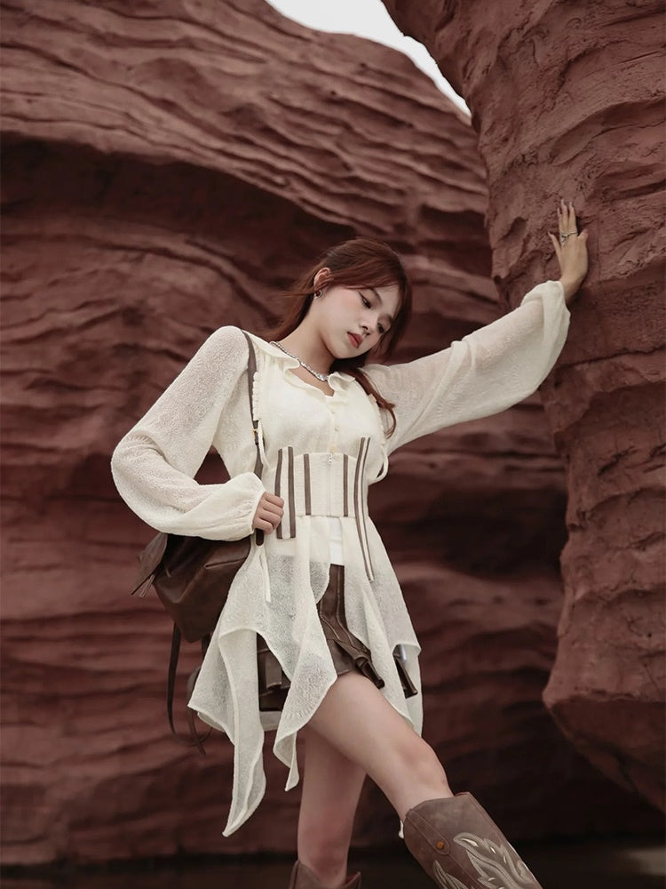 Sheer Asymmetry Back-Ribbon Natural Tops&Camisole