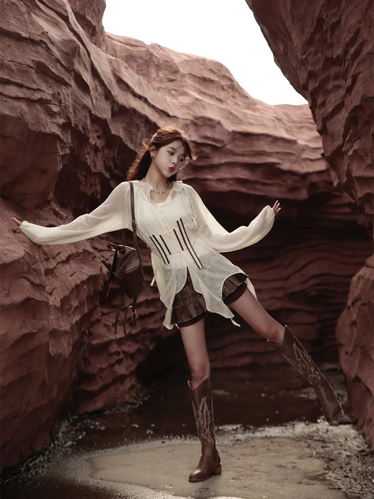 Sheer Asymmetry Back-Ribbon Natural Tops&Camisole