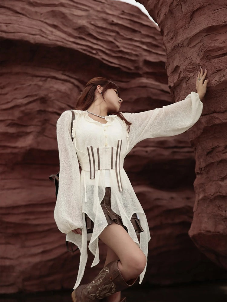 Sheer Asymmetry Back-Ribbon Natural Tops&Camisole