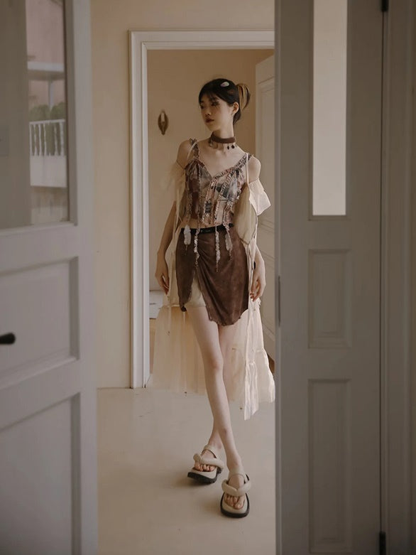 Unique Retro Frill Asymmetry Bustier&Skirt