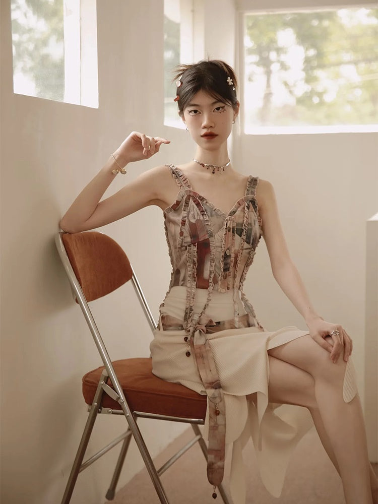Unique Retro Frill Asymmetry Bustier&Skirt