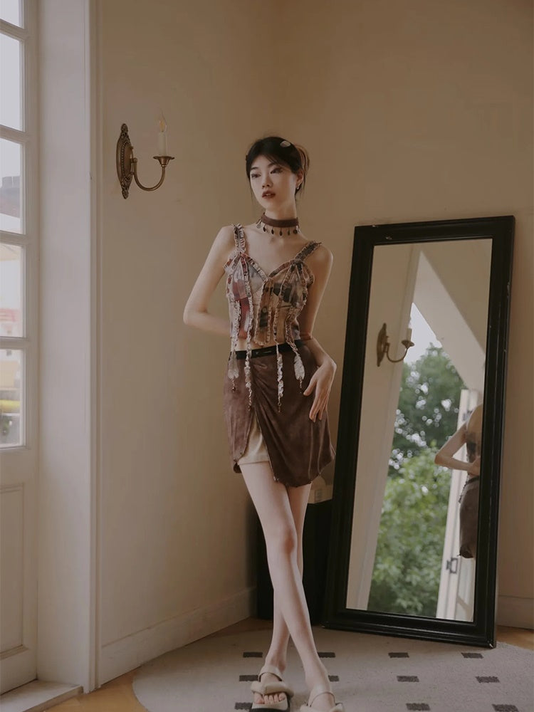 Unique Retro Frill Asymmetry Bustier&Skirt