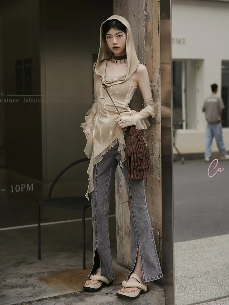 Denim Front-cut Casaual Flare-Pants