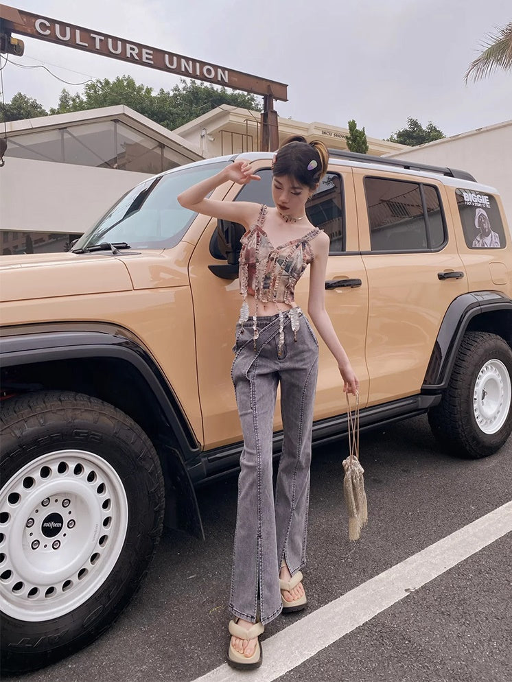 Denim Front-cut Casaual Flare-Pants