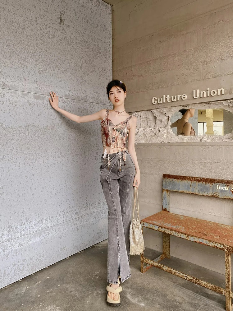 Denim Front-cut Casaual Flare-Pants