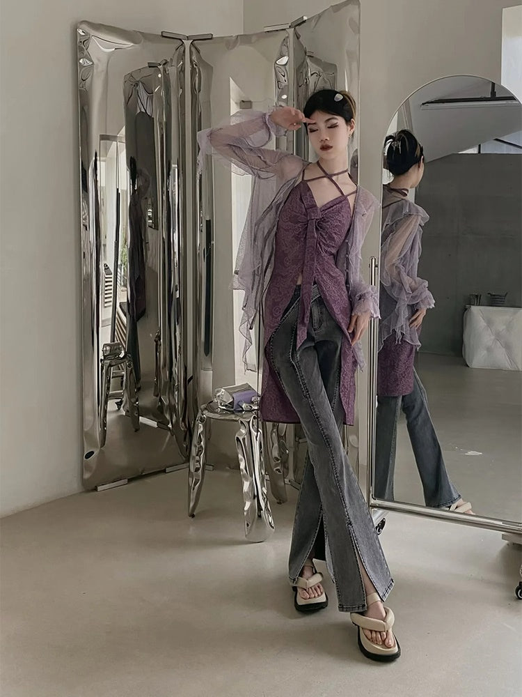 Denim Front-cut Casaual Flare-Pants