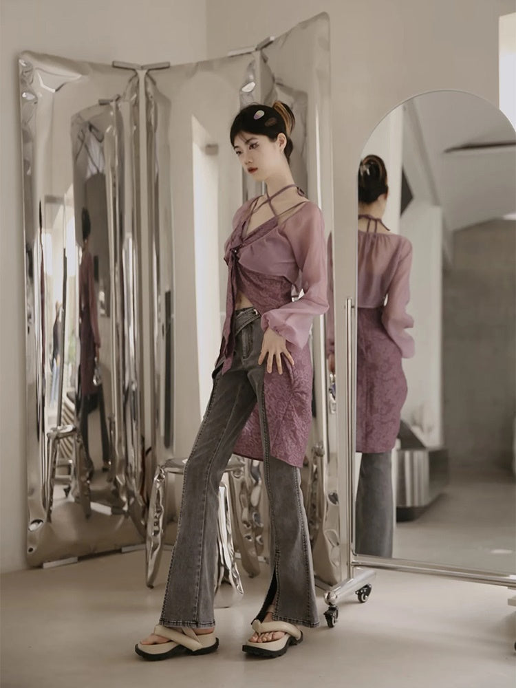 Denim Front-cut Casaual Flare-Pants