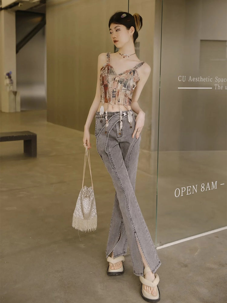 Denim Front-cut Casaual Flare-Pants