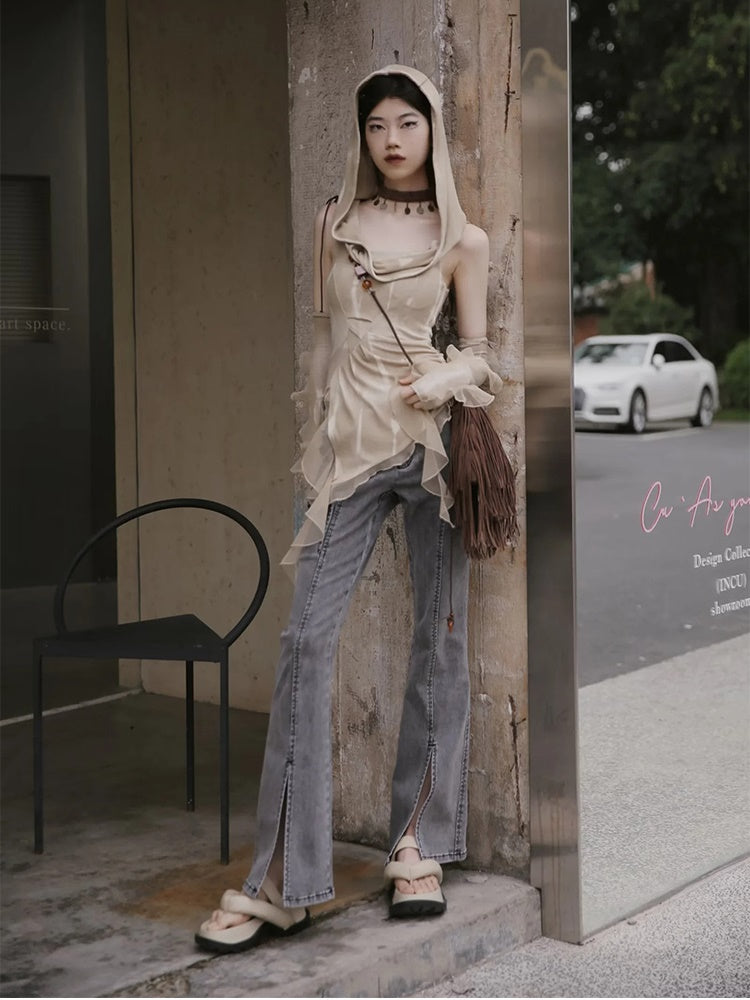 Denim Front-cut Casaual Flare-Pants