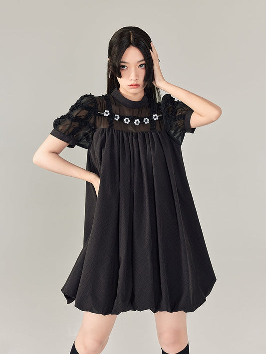 Beaded Short Sleeve Black Dress