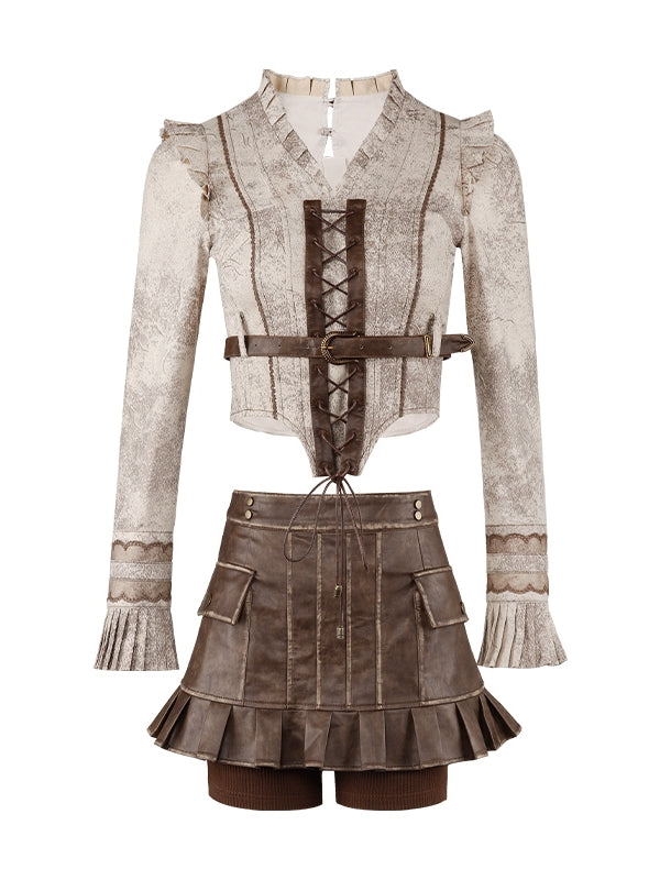 Retro Lace-Up Leather Pleats Blouse&Culottes