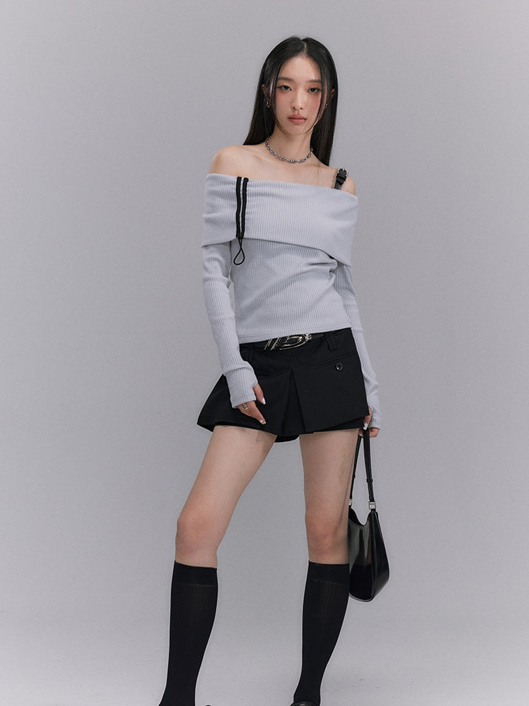 Wrap Off-shoulder Border Slim Strap Tops