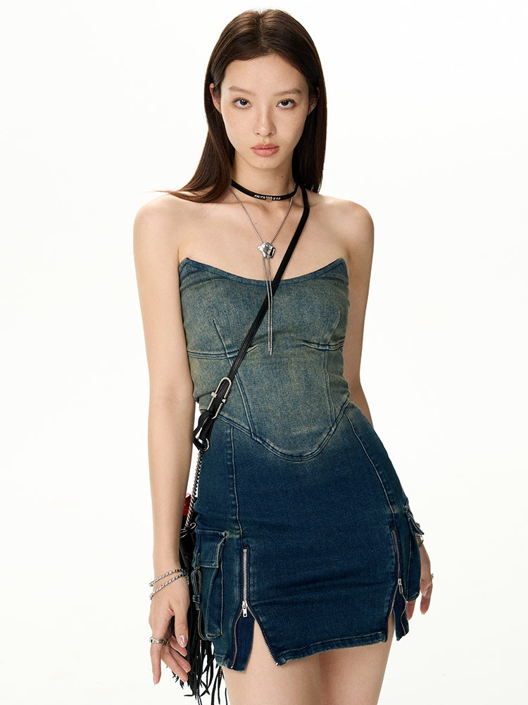 Denim Gradation Bare-Top Zip Mini One-Piece