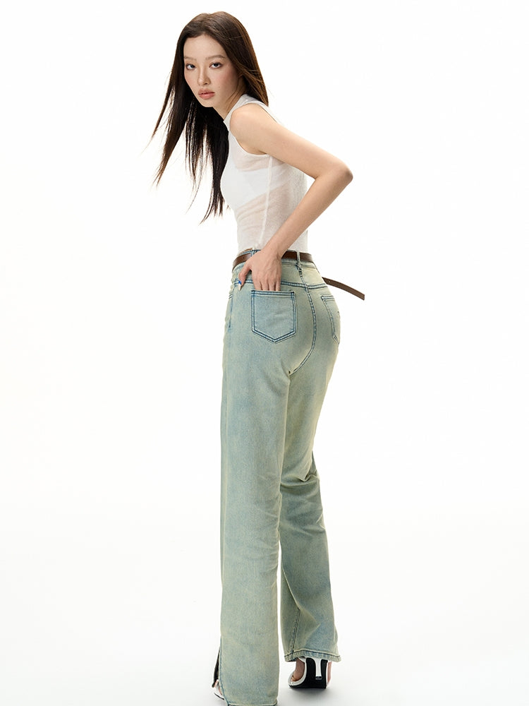 Denim Straight Side-Slit Casual Straight Pants