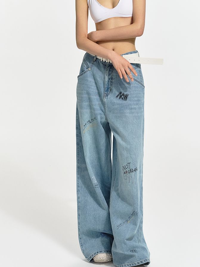 Logo Wide-leg Denim Casual Loose Pants