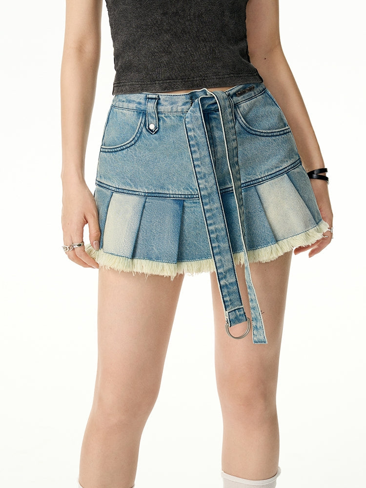 Denim Pleats Flare Tassel Mini-Skirt