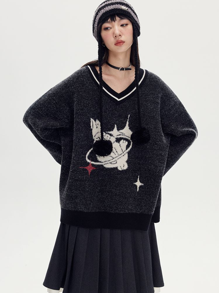 Animal V-neck Loose Knit