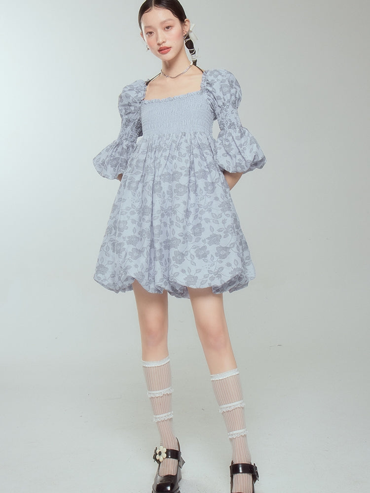 Balloon Flower Princess Puff-sleeves Gather Retro One-piece