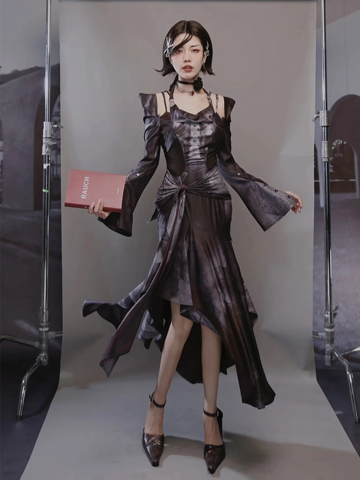 Butterfly Print Halterneck Dress & Flare Sleeve Cardigan