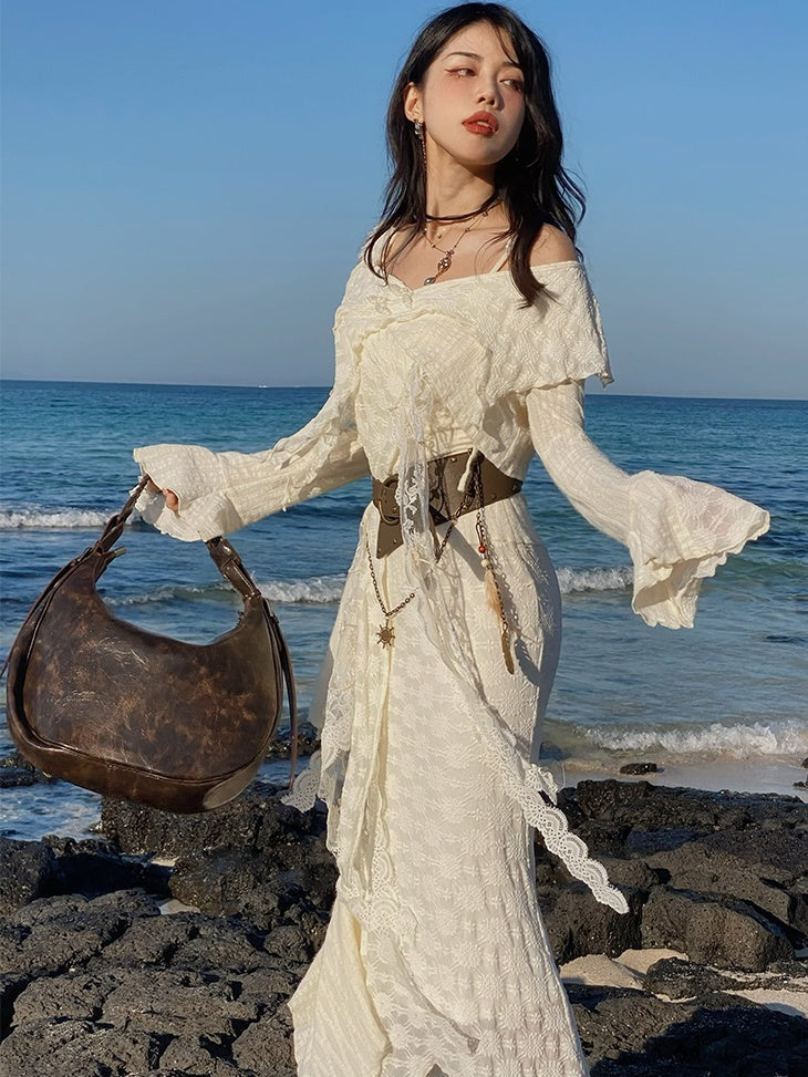 Fairy Style Mermaid Slip Dress & Asymmetry Lace Top & Belt
