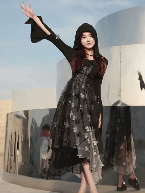 Butterfly Ribbon Gauze Hooded Dress