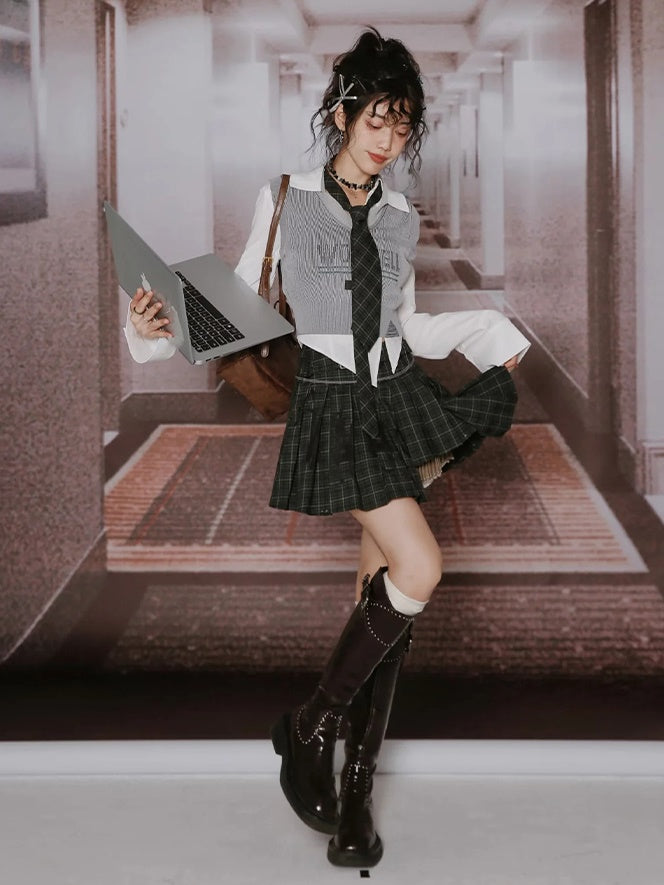 College British Style Shirt &&Vest & Pleated Culottes & Jacket
