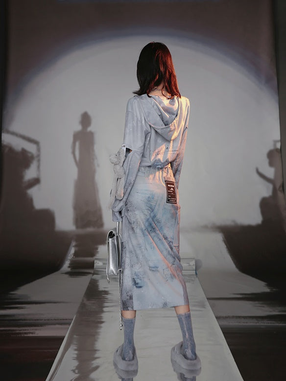 Graffiti Print Parka & Camisole Set & Cutout Pants & Slit Skirt